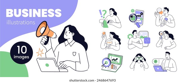 Business and communication set. Collection of characters working together. Seo, content management, customer service, web design and digital marketing concept. Vector illustration.