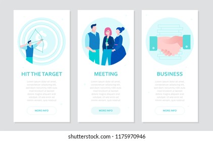 Business communication - set of flat design style banners on grey background with place for text. Businessman hitting the target, discussion, handshake. Goal achievement, meeting, agreement concepts