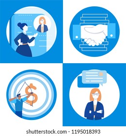 Business communication - set of flat design style illustrations. Businesspeople chatting online, handshake, manager hitting the target with bow and arrow. Goal achievement, agreement, support concepts