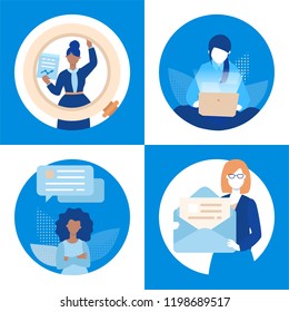 Business communication - set of flat design style illustrations. People chatting online, receiving email, working at laptop, making research. Data analysis, correspondence, social media concept