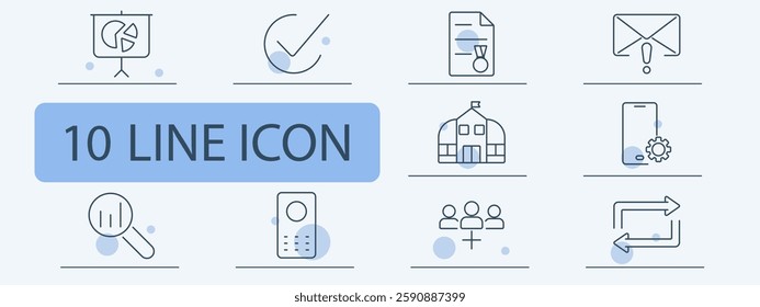 Business and communication set icon. Presentation board, checkmark, certificate, alert email, school building, smartphone settings, data analysis, remote control, team collaboration, sync arrows.
