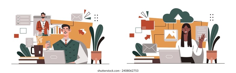Business communication set. Man and woman with graphs and diagrams. Colleagues and partners. Collaboration and cooperation. Cartoon flat vector collection isolated on white background