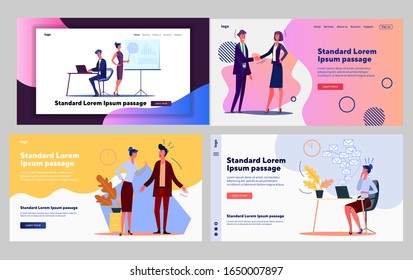 Business communication set. Professionals arguing, presenting report, shaking hands. Flat vector illustrations. Cooperation, management concept for banner, website design or landing web page
