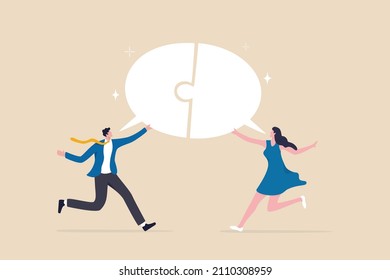 Business communication skills, explain idea, speak, tell and listen to coworkers, work discussion or success send and receive information concept, business people connect speech bubble jigsaw puzzle.