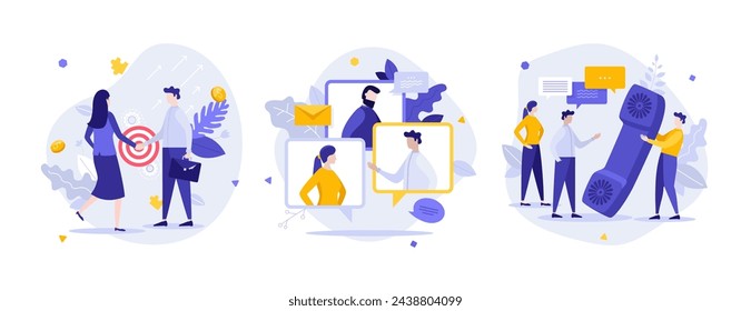 Business communication technology flat concept vector illustrations set. Job interview, group chat, phone conversation cartoon composition. Soft skills creative idea for website, presentation