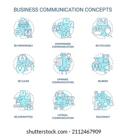 Business Communication Turquoise Concept Icons Set. Workplace Etiquette Idea Thin Line Color Illustrations. Isolated Outline Drawings. Editable Stroke. Roboto-Medium, Myriad Pro-Bold Fonts Used