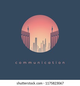 Business communication vector concept with two businessman standing on top of skyscrapers with corporate cityscape background. Eps10 vector illustration.