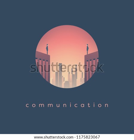 Business communication vector concept with two businessman standing on top of skyscrapers with corporate cityscape background. Eps10 vector illustration.