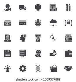 Business communication vector icons set, modern solid symbol collection, filled style pictogram pack. Signs, logo illustration. Set includes icons as business handshake, Newspaper, Delivery truck
