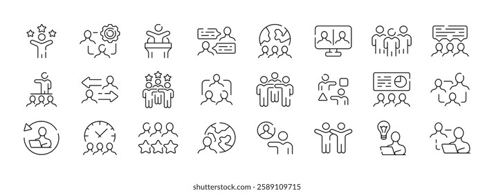 Business communication vector icons set: teamwork, leadership, and strategy.
