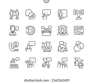 Business communication. Video conference. Business meeting and teamwork. Send message, call. Pixel Perfect Vector Thin Line Icons. Simple Minimal Pictogram