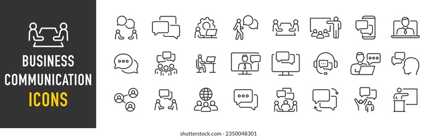 Business communication web icons in line style. Support, meeting, partnership, business people, audience, briefing, plan, collection. Vector illustration.