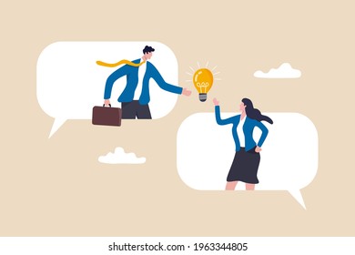 Business communication, work discussion or conversation to gathering new idea concept, business people, colleague standing on speech bubble talking about new ideas.