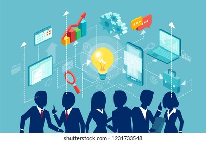 Business communications and modern technology in corporate financial lifestyle. Vector of a group of businesspeople brainstorming an idea, startup plan