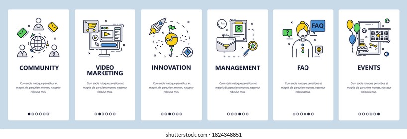 Business community, innovative ideas, management, FAQ, video marketing, company events. Mobile app screens. Vector banner template for website and mobile development. Web site design illustration.