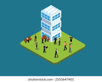 Business and Community Interaction Around an Office Building 3d isometric vector illustration