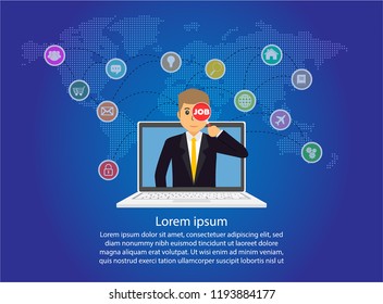 Business community network with the world map, businessman, computer laptop
