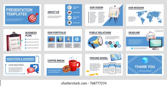 Business companies public relations targets strategies  professional presentation templates mini banners cards posters collection isolated vector illustration 