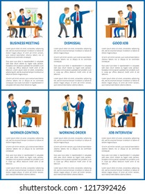 Business company boss and employees, office work. Meeting and dismissal, worker control and working order, job interview, hiring vector illustrations.
