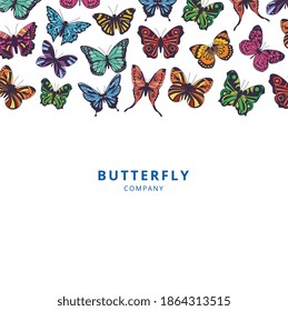 Business company card with colorful butterflies flat cartoon vector illustrations on white background. Template for company identity with exotic butterflies.