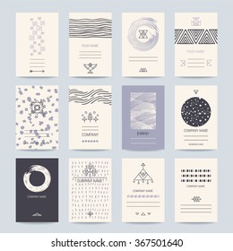 Business, company cards. Creative template collection of cards, flyers, banners with hand drawn textures, brush strokes, trendy thin line icons, geometric stylized illustrations. Isolated vector.