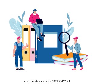 Business company colleagues stand among files and folders with documents,  cartoon vector illustration isolated on background.  Office people working on documents. Workflow and administrative process.