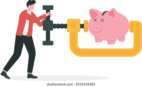 Business or company cut budget or squeeze and reduce spending due to business or economic crisis in COVID-19 Coronavirus recession concept, businessman using clamp to squeeze saving pink piggy bank
