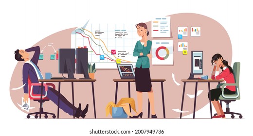 Business Company Decline, Bankruptcy Or Financial Loss. Frustrated Team Experiencing Stress And Burnout In Company Office. Recession Loss Crisis Problem. Business Failure Flat Vector Illustration