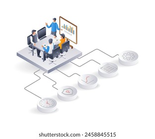 Business company development meeting team, flat isometric 3d illustration infographic