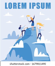 Business Company Dream Team. Leader on Mountain Top with Flag in Hands, Helping Poorly Performing Fellow Worker to Pull Up Her Result. Team Member, Mapping New Strategic Targets. Flat Vector Banner.