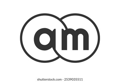 AM business company emblem with outline rounds and letters a m. Logo template of two merged circles for brand identity, logotype. Vector Infinity symbol  and technology sign.