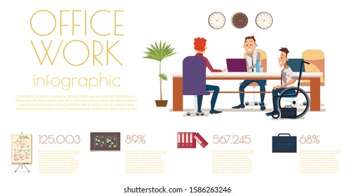 Business Company Employees Office Work Trendy Flat Vector Banner or Poster Template with Infographics. Male Entrepreneurs Team, Manager in Wheelchair Working with Colleagues in Office Illustration