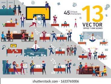 Business Company Employees, Office Workers Work Scenes Trendy Flat Vectors Set. Business Partners on Meeting, Stressed Entrepreneur, Resting and Talking in Bar or Cafe People, Angry Boss Illustrations