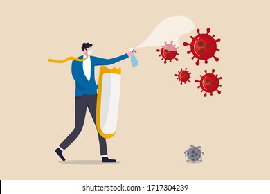 Business company to fight and thriving in Coronavirus outbreak COVID-19 economic crisis concept, businessman leader full protective gear holding strong shield and disinfectant spray fight with virus.