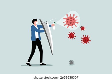 Business company to fight and thriving in Coronavirus outbreak COVID-19 economic crisis concept, businessman leader full protective gear holding strong shield and disinfectant spray fight with virus.