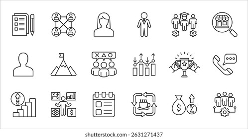 Business company icon set. Management icons. Contains symbol of finance, success, data, businessman, target, customer service, work, money, store, shop, meeting, education, idea. Vector illustration