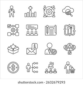 Business company Icon set. Management icon set. Contains symbol of success, data, reward, work, money, employee, businessman, target, finance, lunchtime, shop, meeting, education. Vector illustration