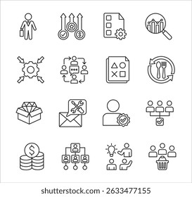 Business company Icon set. Management icon set. Contains symbol of success, data, reward, work, money, employee, businessman, target, finance, lunchtime, shop, meeting, education. Vector illustration
