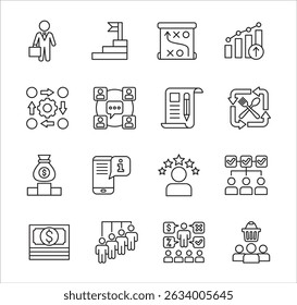 Business company Icon set. Management icon set. Contains symbol of success, data, reward, work, money, employee, businessman, target, finance, lunchtime, shop, meeting, education. Vector illustration