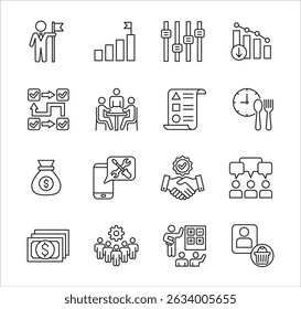 Business company Icon set. Management icon set. Contains symbol of success, data, reward, work, money, employee, businessman, target, finance, lunchtime, shop, meeting, education. Vector illustration