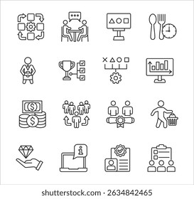 Business company Icon set. Management icon set. Contains symbol of success, data, reward, work, money, employee, businessman, target, finance, lunchtime, shop, meeting, education. Vector illustration