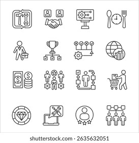 Business company Icon set. Management icon set. Contains symbol of success, data, reward, work, money, employee, businessman, target, finance, lunchtime, shop, meeting, education. Vector illustration