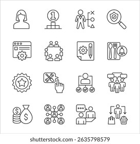 Business company Icon set. Management icon set. Contains symbol of success, data, reward, work, money, employee, businessman, target, finance, lunchtime, shop, meeting, education. Vector illustration