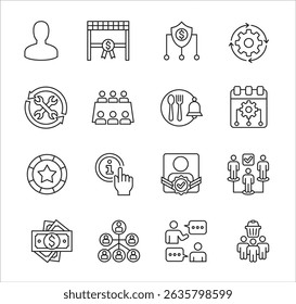 Business company Icon set. Management icon set. Contains symbol of success, data, reward, work, money, employee, businessman, target, finance, lunchtime, shop, meeting, education. Vector illustration