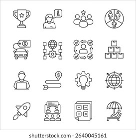 Business company Icon set. Management icon set. Contains symbol of teamwork, data, asset, stock, resource, employee, businessman, target, finance, holiday, meeting, education. Vector illustration