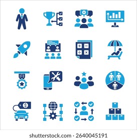 Business company Icon set. Management icon set. Contains symbol of teamwork, data, asset, stock, resource, employee, businessman, target, finance, holiday, meeting, progress. Vector illustration