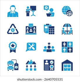 Business company Icon set. Management icon set. Contains symbol of teamwork, data, asset, stock, resource, employee, businessman, target, finance, holiday, meeting, progress. Vector illustration