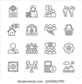Business company Icon set. Management icon set. Contains symbol of teamwork, data, asset, stock, resource, employee, businessman, target, finance, holiday, meeting, education. Vector illustration