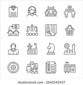 Empresa de negócios Icon set. Conjunto de ícones de gerenciamento. Contém símbolo de trabalho em equipe, dados, ativo, estoque, recurso, funcionário, empresário, destino, finanças, feriado, reunião, educação. Ilustração vetorial
