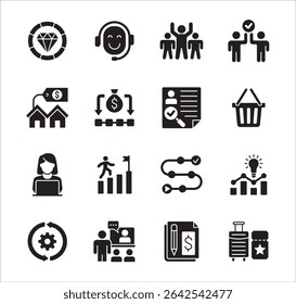 Business company Icon set. Management icon set. Contains symbol of teamwork, data, asset, stock, resource, employee, businessman, target, finance, holiday, meeting, progress. Vector illustration